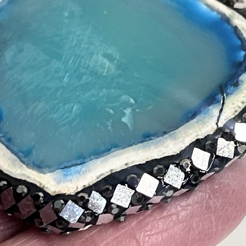 Vintage Sterling Silver 925 Blue Aqua Agate Slice Pendant Necklace 16" (#23) - Picture 10 of 16